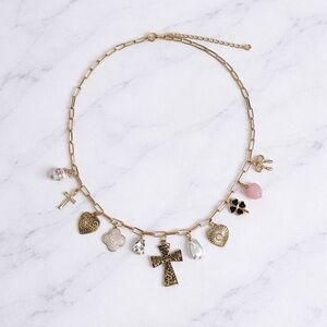 NEW Gold Charm Necklace Cross Heart Floral Paperclip Chain Dainty Boho Jewelry